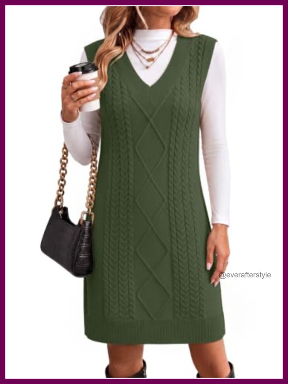 Cable Knit Sweater Vest Dress V Neck Sleeveless Pullover